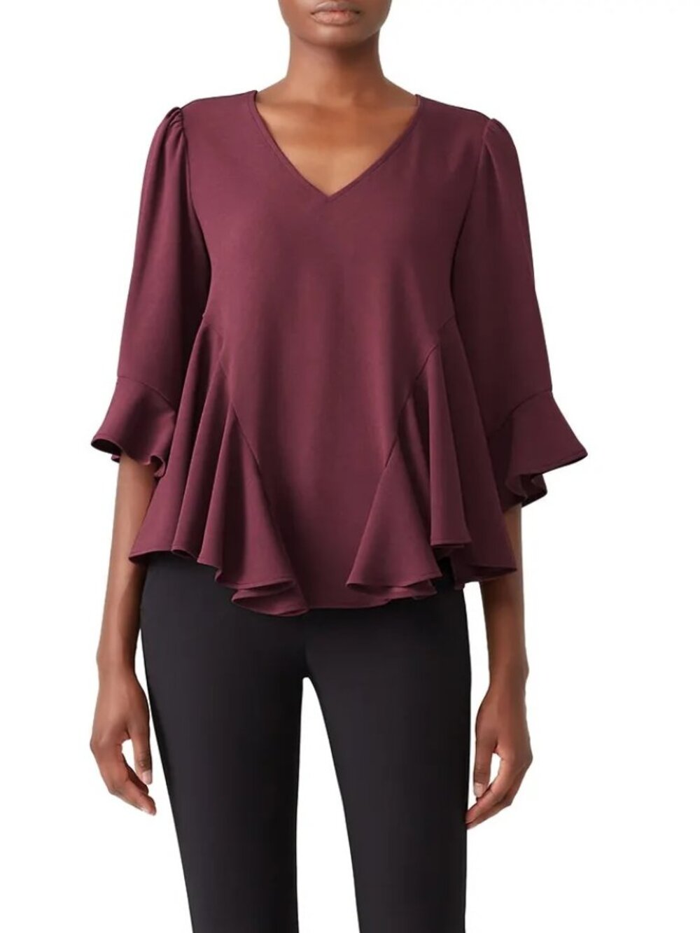Drew Dillone RTR Peplum Top M Maroon V Neck Flutter Sleeve